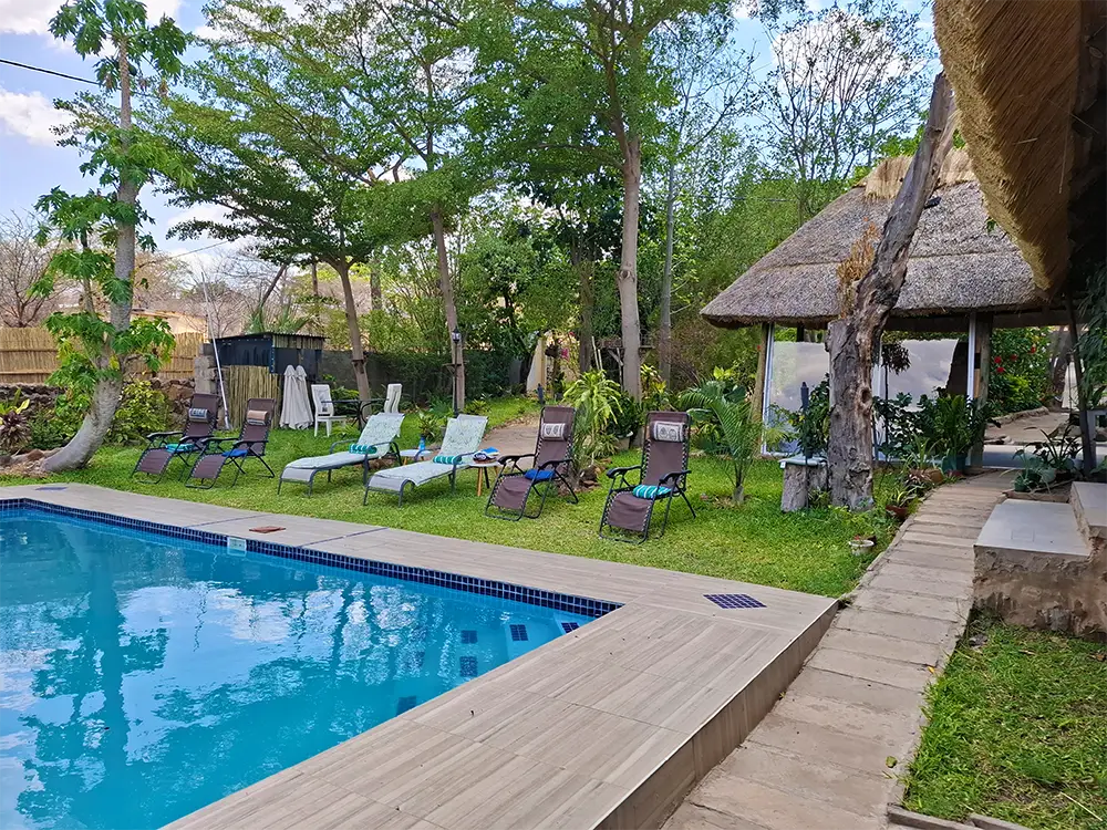 Swimming pool with sun loungers on the lawn
