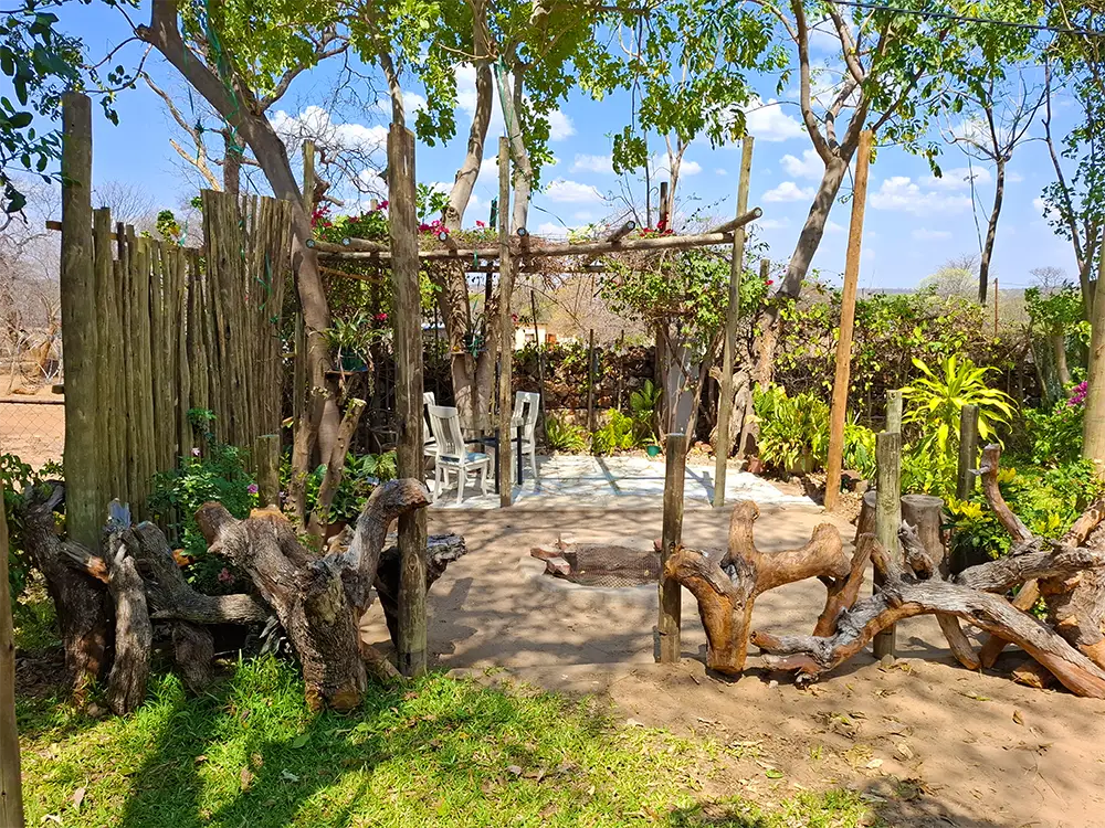 Garden seating area with driftwood and a reed fence