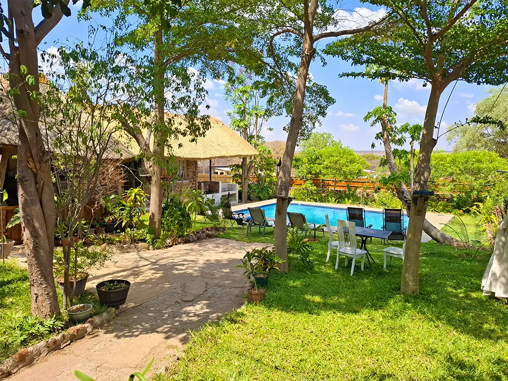 Lawn and garden tables near the pool
